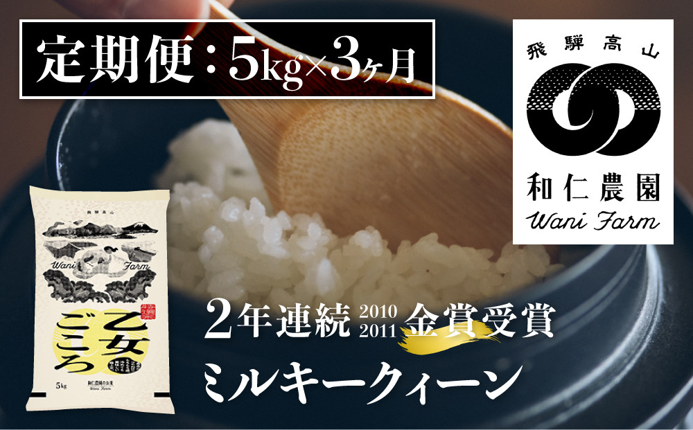 
令和6年産《定期便》ミルキークイーン「乙女ごころ」5kg ×3ヶ月 白米 飛騨 和仁農園 玄米対応可 金賞受賞米
