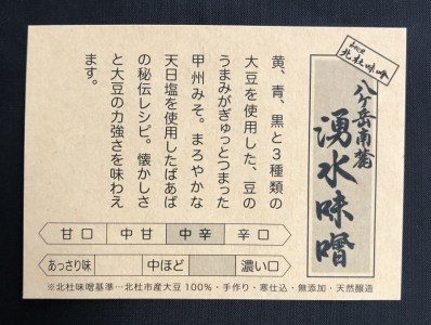 【北杜味噌】ご自宅用　みそ1.8kg(600g×３種)　白州・八ヶ岳・明野　 味噌 北杜味噌 自宅用 味噌3種 1.8kg (600g×3種)食べ比べ（白州・八ヶ岳・明野） 無添加 [h019]