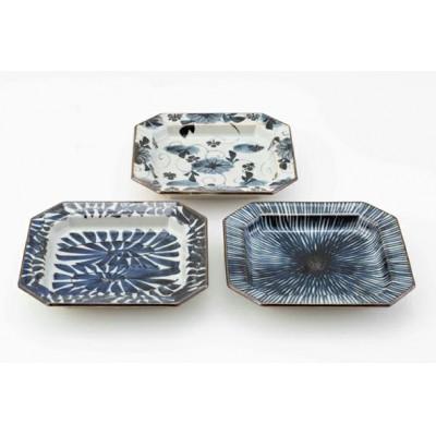 ふるさと納税 長崎県 【波佐見焼】15×16cm八角取皿3柄3枚組 手描き古染紋1 20582