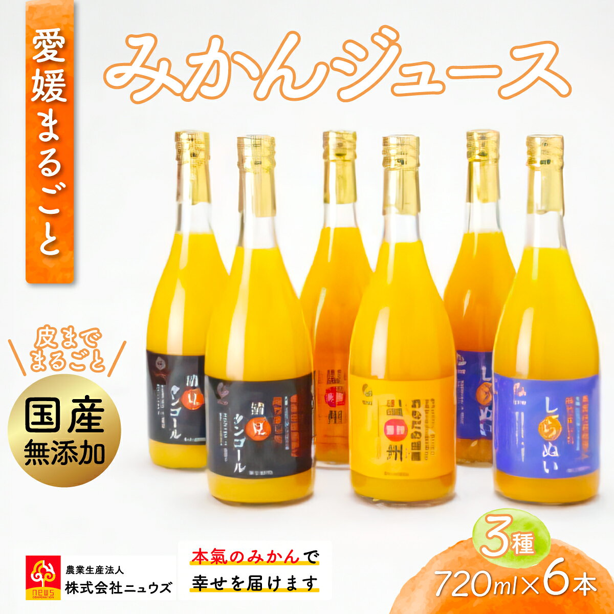 【ふるさと納税】【皮までまるごと国産無添加】ジュース3種6本セット（720ml×6本）【 ふるさと納税 人気 おすすめ ランキング みかん ミカン 蜜柑 みかんジュース ジュース オレンジジュース フルーツ 果物 セット 詰合せ ニュウズ 愛媛県 伊方町 送料無料 】 IKTF010