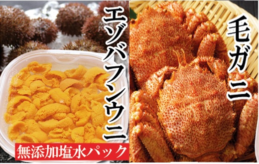 
E-40020 エゾバフンウニ塩水パック150g×1P、毛ガニ300g前後～400g前後×2尾[11月下旬以降発送]
