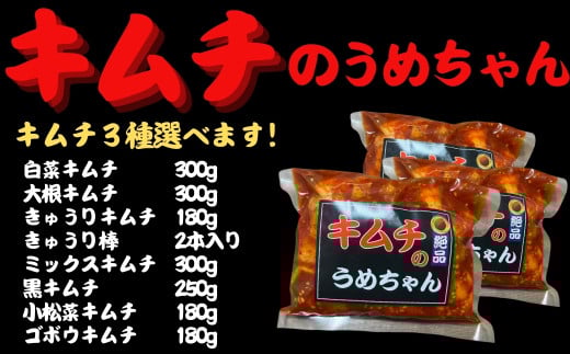キムチ選べる3種類セット キムチのうめちゃん キムチ 手作り 本場の味 コクうま 白菜 ニンニク ごはんのお供 ピリ辛 お米 ごはん ビール 酒 おつまみ 漬物 野菜 BBQ 焼肉 惣菜 キムチチャーハン キムチ鍋 発酵食品  韓国 奈良県 奈良市 なら 6-009