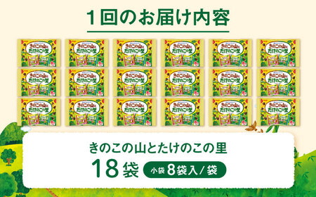 【全2回定期便】明治 きのこの山とたけのこの里　18袋（1袋に小袋8袋入）　【2ヵ月に1回お届け】 チョコレート 明治 きのこの山 たけのこの里 アソート 大容量 大阪府高槻市/株式会社 丸正高木商店