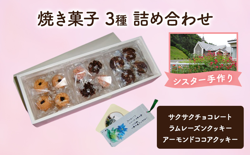 十勝カルメル会シスターが真心こめて作った 焼き菓子 3種 詰め合わせ（サクサク・ラムレーズンクッキー・アーモンドココアクッキー）【 ギフト プチギフト お菓子 お礼 お返し 北海道 十勝 幕別 カルメル イエズス キリスト クッキー 】