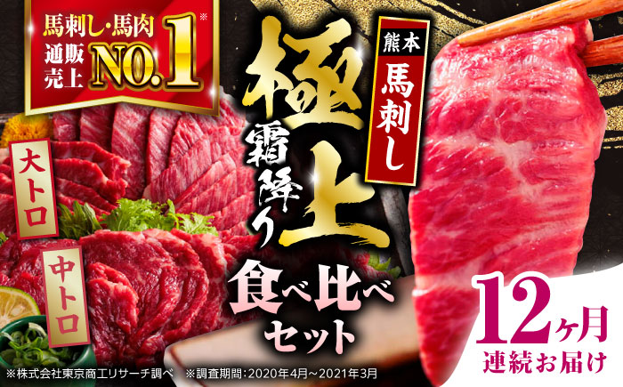 【全12回定期便】国産 馬刺し 計約500g ( 大トロ 約200g 霜降り中トロ 約300g ) 専用醤油付き 熊本 霜降り 中トロ 熊本県産 冷凍 馬肉 馬刺 ヘルシー 真空 パック 極上 小分け【株式会社 利他フーズ】 [YBX057]