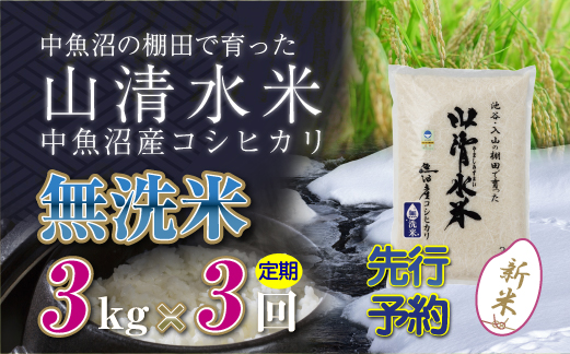 【新米先行受付】【定期便／全3回】無洗米3kg　新潟県魚沼産コシヒカリ「山清水米」