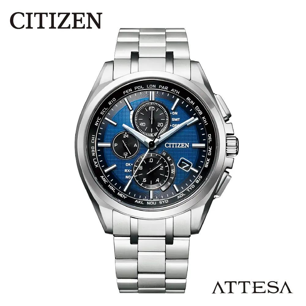 【CITIZEN】 アテッサ AT8040-57L シチズン 腕時計 メンズ シルバー ネイビー 光発電 エコ・ドライブ 電波受信 防水 クロノグラフ デュラテクトチタンカーバイト スーパーチタニウム サファイアガラス メーカー保証 新潟県 妙高市