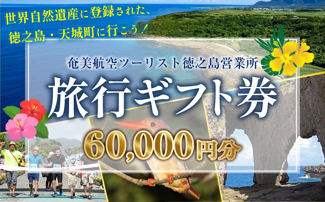 
                  旅行ギフト券 60,000円分 奄美航空ツーリスト 徳之島営業所 旅行クーポン 航空券 フェリー 徳之島 天城町 鹿児島 世界自然遺産 旅行 観光 クーポン
                