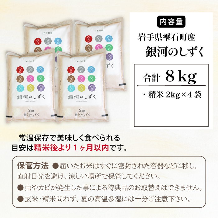 五ツ星お米マイスター 厳選 雫石町産 銀河のしずく 精米 2kg 4袋 【諏訪商店】 米 こめ コメ 白米 ご飯 ごはん ライス グルメ 食料 五つ星 5つ星 5ツ星 お米 マイスター 8キロ 小分け