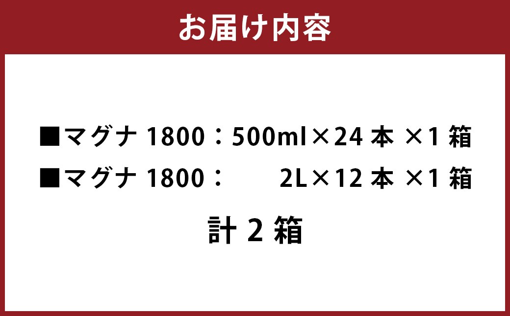 【2個口】 硬水ミネラルウォーター マグナ1800 お出かけ＆ご自宅セット （500ml×24本、2L×12本） 計2箱