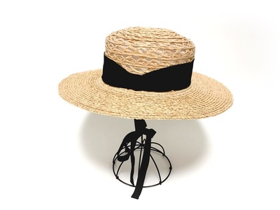 Mia Hat Lace Canotier Wide 003 レース キャノチェ ワイド 麦わら帽子【Black】 帽子 58cm 天然草木 ラフィア 黒 リボン ファッション 日本製 ギフト プレゼ