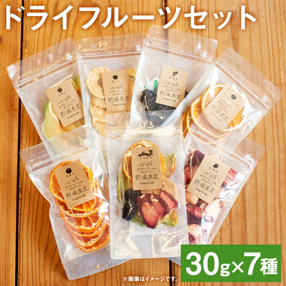 【ふるさと納税】七種のドライフルーツセット 30g×7袋 【メロンドーム】 ミックス 青メロン 赤メロン いちご 梨 みかん 柿 ドライフルーツ フルーツ 食べ比べ セット 7種類 梨 ぶどう メロン みかん いちご 送料無料《90日以内に出荷予定(土日祝除く)》