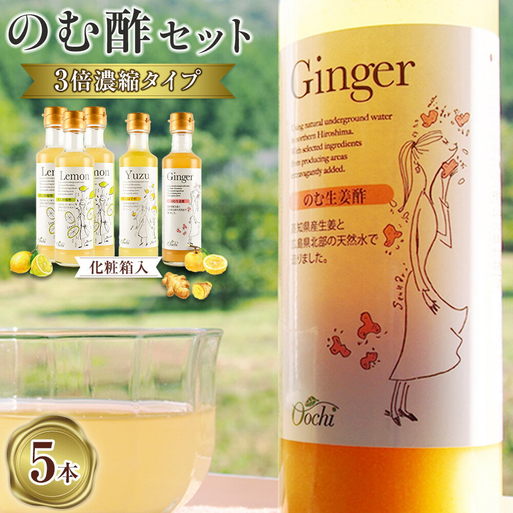 【ふるさと納税】【化粧箱入】3倍濃縮タイプのむ酢セット（檸檬・柚子・生姜）200ml×5本＜のむ檸檬酢 3本・のむ柚子酢 1本・のむ生姜酢 1本）＞