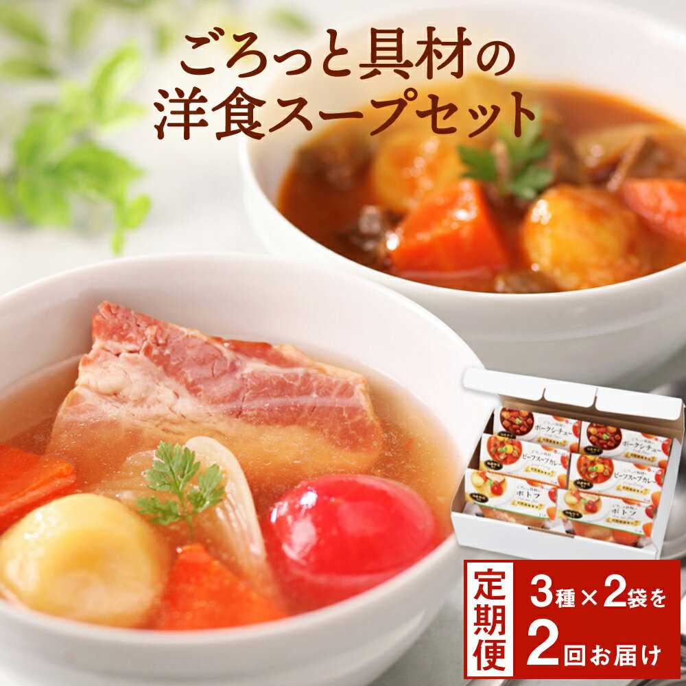 【ふるさと納税】 スープ ＜2ヶ月 定期便＞ ごろっと具材の洋食 スープセット 国産野菜 3種6食セット 常温保存 個包装 ポトフ スープカレー シチュー レトルト 国産 常温保存 惣菜 洋風スープ ローリングストック レンジアップ 宮城県 東松島市 オンラインワンストップ E