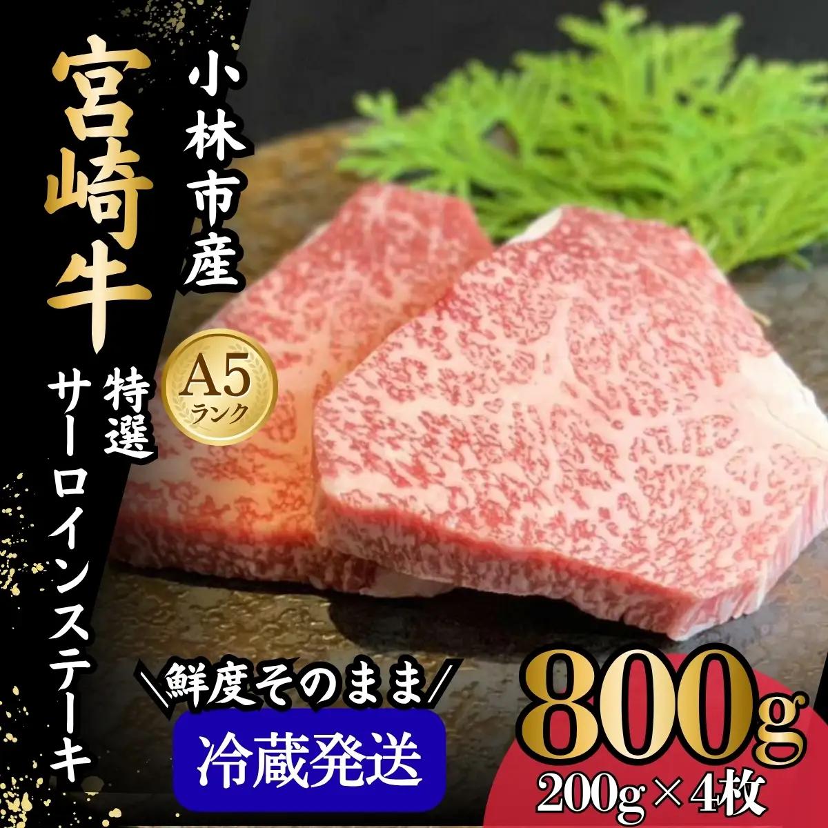 【新鮮チルド発送!!】A5等級宮崎牛特選サーロインステーキ 4枚 800g（黒毛和牛 牛肉 宮崎牛 A5 ステーキ サーロイン 焼肉 宮崎県）
