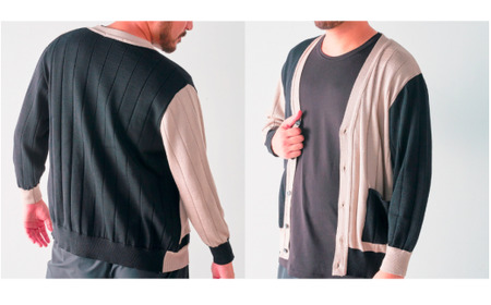 Vネックカーディガン シルクとウールのぬくもり ( ツートンカラー / ベージュ×ブラック ・M ) メンズ | シルク ウール ニット Vネック カーディガン シンプル 長袖 秋冬 新潟県 五泉市 