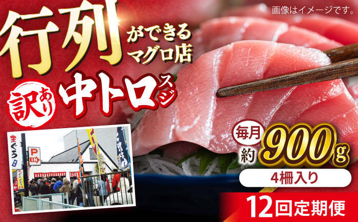 
            【全12回定期便】【訳あり】天然 本まぐろ 中トロ 計約900g (4柵入り) 鮪 マグロ 魚 刺身 横須賀【横須賀商工会議所 おもてなしギフト事務局（本まぐろ直売所 横須賀本店）】 [AKAK070]
          