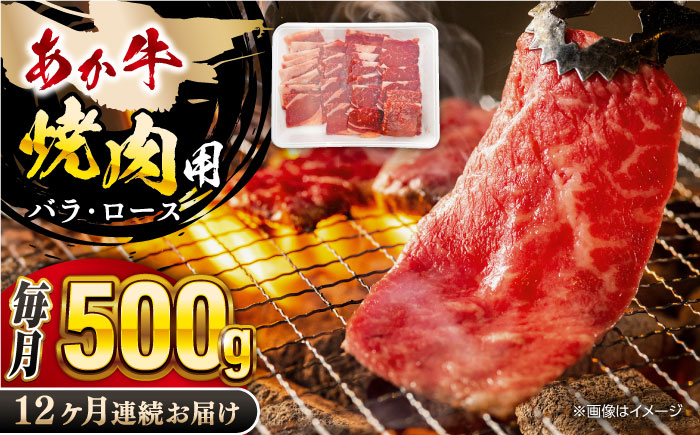 【全12回定期便】 熊本あか牛 焼肉用カット ( バラ ロース ) 500g 【五右衛門フーズ】 [YBZ046]