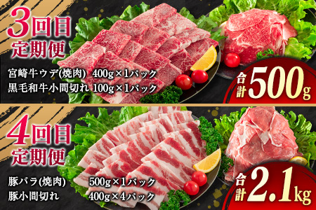 【令和7年7月から毎月配送】5か月定期便 月替わりで堪能!! 牛肉 豚肉 焼肉 セット 豚バラ 肩ロース モモ ウデ 総重量5.6kg 国産 食品 おかず BBQ バーベキュー 小分け 宮崎牛 黒毛和