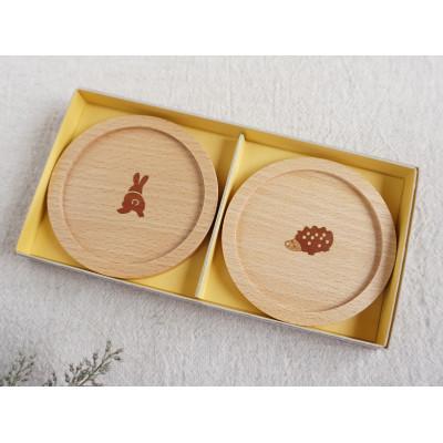 ふるさと納税 北上市 木象嵌　森コースター(うさぎ・はりねずみ)2枚セット　木製【夢工房】