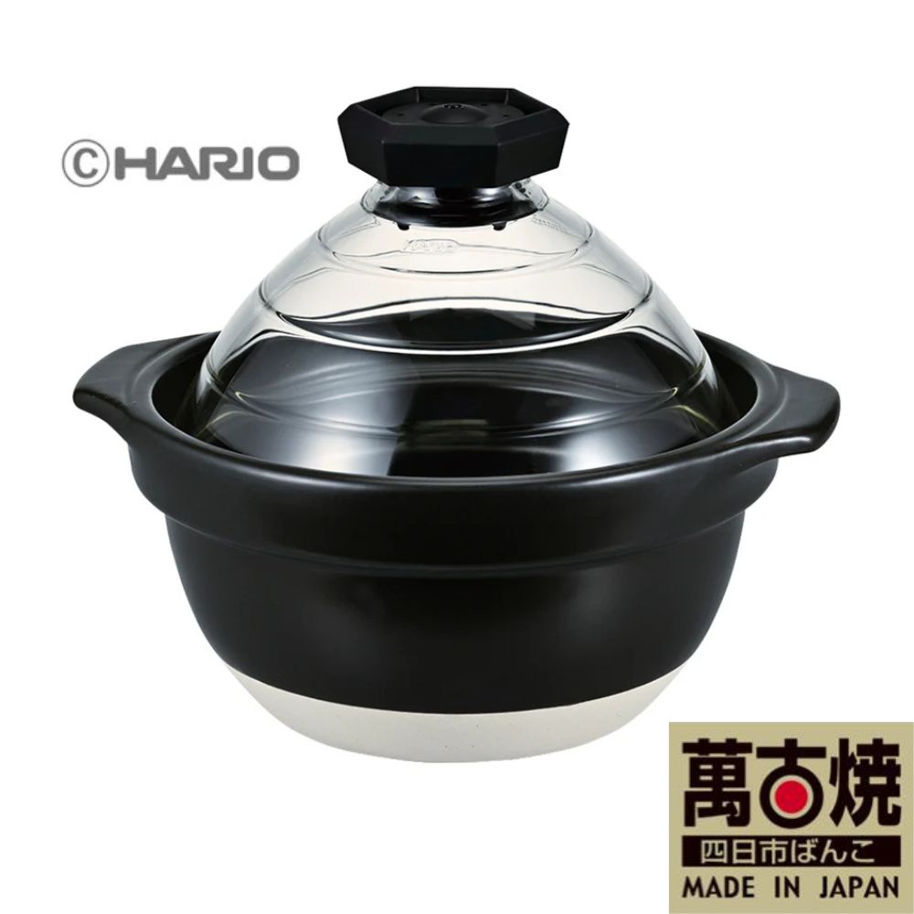 【萬古焼（ばんこやき）】フタがガラスのご飯釜 2～3合炊き 令和7年モデル せんが陶器│HARIO ハリオ  直火 土鍋 耐熱 ガラス 食器 キッチン用品  日本製 ご飯 ごはん釜 炊飯器