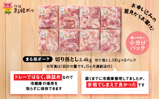 定期便【5ヶ月】まる姫ポーク 切り落とし 2.4kg（300g×8パック）×5回（計12kg）