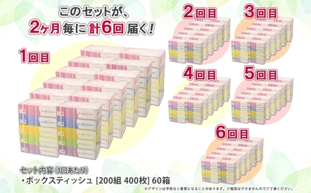定期便 2ヵ月毎 全6回 ブライティア ソフト ボックスティッシュ 200組 400枚 60箱 日本製 まとめ買い リサイクル 長持 防災 常備品 日用雑貨 消耗品 生活必需品 備蓄 ペーパー 紙 北