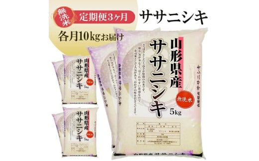 1342T02　【定期便】無洗米ササニシキ10kg×3ヶ月連続（2月～4月）