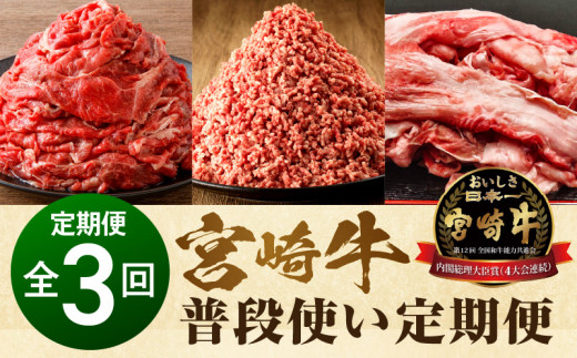 宮崎牛 普段使い定期便 全3回 定期 定期便 3回 切り落とし 切り落し ミンチ 牛すじ 700g  1kg 2kg 牛肉 肉 にく おにく 国産牛 ブランド牛 牛 国産 国産牛 ひき肉 ハンバーグ 料理 アレンジ 炒め物 牛丼 カレー おでん 煮込み ハンバーグ 鍋 すき焼き すきやき すき焼き用 便利 パック 小分け 精肉 畜産物 4等級以上 宮崎県 宮崎市 _M243-T002