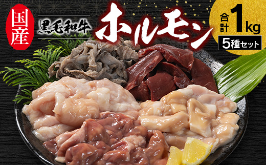 国産 ホルモン 5種セット 計1kg 黒毛和牛 やみつき 小分け 冷凍 ハツ センマイ 詰合せ 食べ比べ【B685】