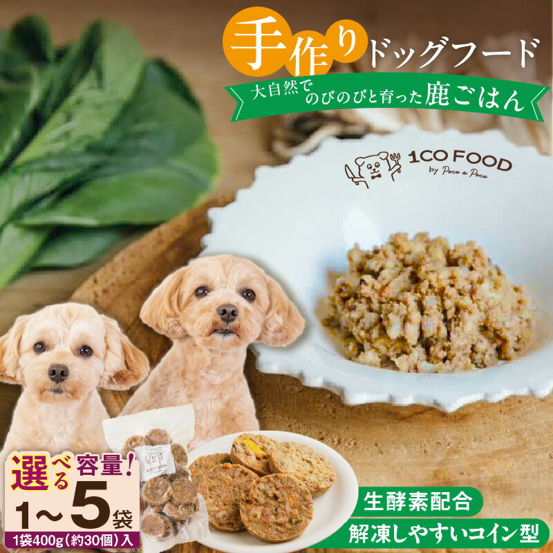 【ふるさと納税】ドッグフード 手作り 鹿ごはん 選べる 内容量 400g × 1袋 ～ 5袋 1cofood 高タンパク 低カロリー 低脂質 鉄分 ジビエ 鹿肉 国産野菜 米 フルーツ 生酵素 海藻 コイン型 ペット 冷凍 福岡県 久留米市 送料無料