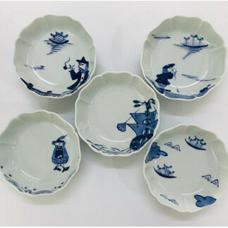 青花 船と異人シリーズ 絵変り八方割小鉢5個セット 小島芳栄堂 ar014