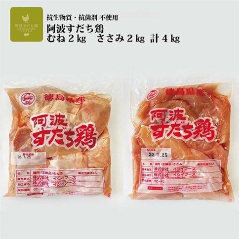 阿波すだち鶏 ヘルシーセット（むね肉・ささみ 各2kg）