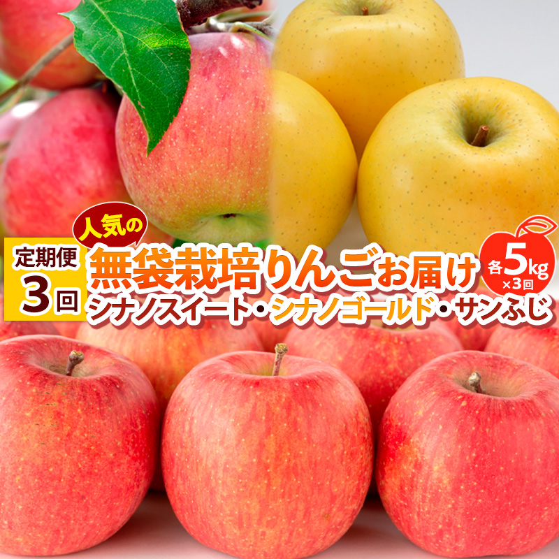 【定期便3回】 人気の無袋栽培りんごお届け 各5kg×3回(シナノスイート、シナノゴールド、サンふじ) 【令和8年産先行予約】FS25-776