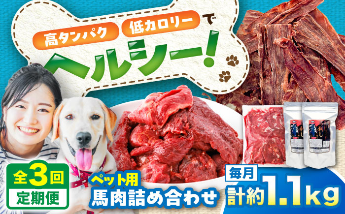 【全3回定期便】詰め合わせ 国内加工 ペット用 馬肉 切り落とし 約1kg ペット用 馬刺しジャーキー 約100g(約50g×2) / ペットフード ドッグフード 愛犬 馬肉【五右衛門フーズ】 [BHCY066]