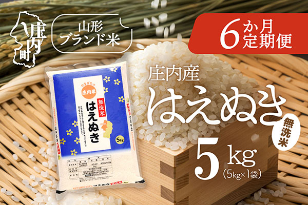 ＜12月中旬発送＞庄内米6か月定期便！はえぬき無洗米 5kg（入金期限：2025.11.25）