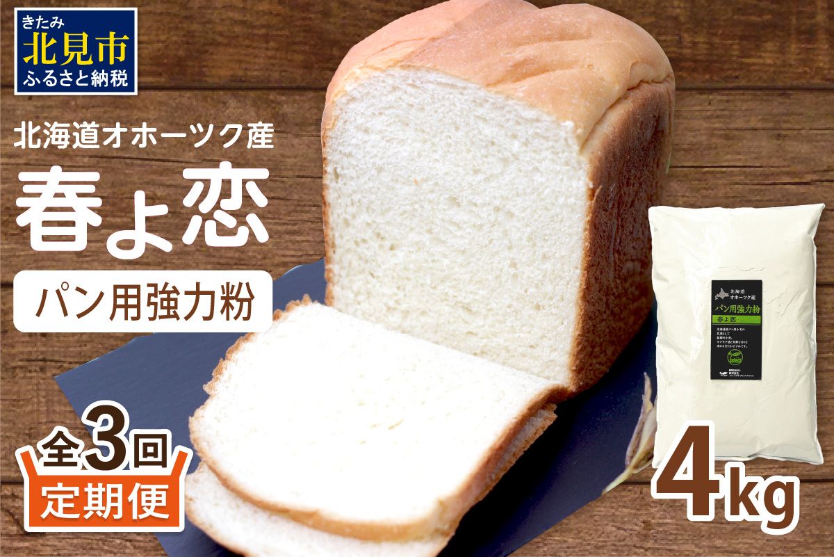 【3ヶ月定期便】【北海道オホーツク産】パン用強力粉 春よ恋 4kg ※賞味期限30日保証 ( パン用強力粉 北海道産 定期便 パン 製パン )【999-0251】