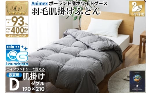 【春夏用】洗える! 肌掛け 羽毛布団 ダウンケット ダブル ホワイトグース93% 抗菌防臭 無地 グレー 羽毛 布団 ふとん 羽毛ふとん 掛け布団 寝具 夏用 コインランドリーで洗える [川村羽毛 山梨県 韮崎市 20745101]