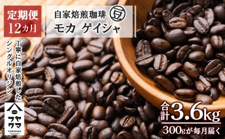 【定期便12ヶ月】自家焙煎珈琲 モカ ゲイシャ（豆） 300g コーヒー コーヒー豆 珈琲 自家焙煎 豆のまま 北海道ふるさと納税