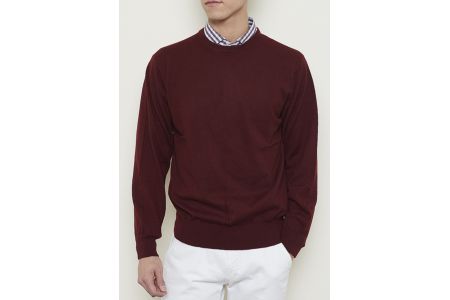 日本製 カシミヤ100% 丸首セーター ワイン Lサイズ [2542]