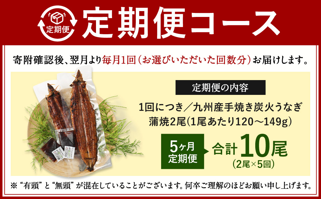 【5ヶ月定期便】九州産 手焼き炭火 うなぎ蒲焼 2尾（1尾あたり120～149g）