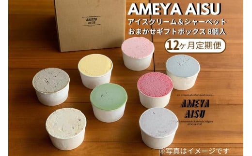 【定期便12ヶ月毎月お届け】AMEYA AISU アイスクリーム＆シャーベット 8個入 おまかせギフトボックス 北海道産あずき使用 食べ比べセット ギフトセット 贈答 アイスクリームセット シャーベット ジェラート 青木飴屋 アメヤアイス 加茂市 定期便