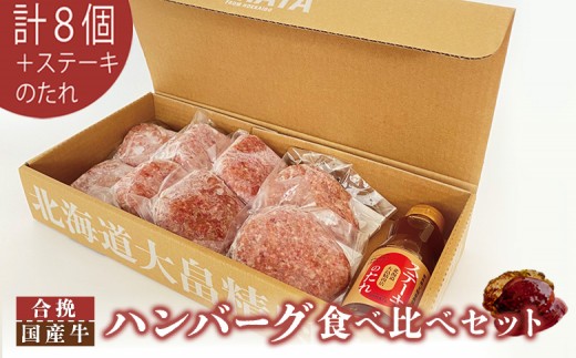 
                  大畠精肉店のハンバーグ食べ比べセット計８個+ステーキのたれ ｜ オンライン 申請 ふるさと納税 北海道 新十津川 肉 お肉 合挽ハンバーグ 国産牛ハンバーグ ハンバーグセット セット 牛肉100％ タレ 冷凍 取り寄せ お取り寄せ ギフト 新十津川町【1301903】
                