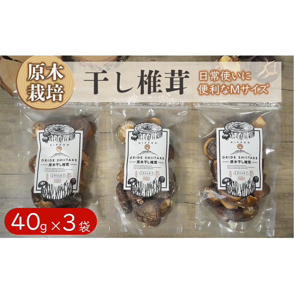 宮崎県産 乾燥 椎茸 40g×3袋 チャック袋入 [ HUTTE 宮崎県 美郷町 31ao0012] 干ししいたけ 出汁 オーガニック 原木栽培 有機JAS認証 料理 調理 小分け 常温 渡川 アヒージョ 煮物 煮付け おかず おこわ 鍋 みそ汁 炒め物 うどん そば スープ パスタ リゾット 春巻き 数量限定