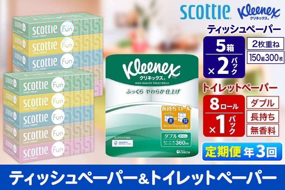 
            《4ヶ月ごとに3回お届け》定期便 クリネックス トイレットペーパー 長持ちロール ダブル 8ロール×1パック ＆ ティッシュペーパー スコッティ ファン 150組 5箱×2パック 秋田市オリジナル【レビューキャンペーン中】
          