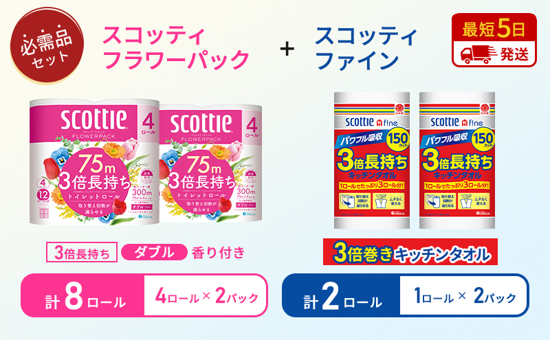 【特別寄附額/岩沼市オリジナル】キッチンペーパー 2パック入 スコッティ ファイン 1ロール 3倍 150カット トイレットペーパー ダブル 3倍 長持ち 4ロール入×2パック スコッティ フラワーパック 香り付き 長持ち 防災 災害 日用品 生活用品 生活必需品