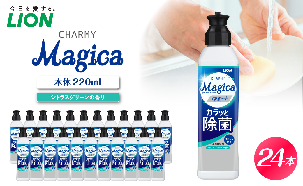 CHARMY Magica 速乾＋（プラス） カラッと除菌 シトラスグリーンの香り 本体220ml×24個 チャーミーマジカ マジカ ライオン LION 食器用洗剤 台所用洗剤 キッチン洗剤 食器洗剤 中性洗剤 本体 つめかえ 詰め替え 詰替え つめかえ用 220ml 680ml 備蓄 ストック 日用品 生活用品 生活必需品 消耗品 キッチン用品 台所用品 食器洗い 油汚れ 除菌