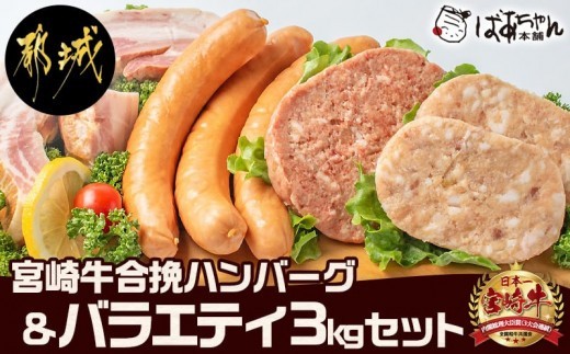 
                  宮崎牛合挽ハンバーグとバラエティ3kgセット〔15-045〕_(都城市) ジューシーな合挽ハンバーグ(160g×10) ブランドポーク 観音池ポークの豚バーグ(100g×8個) トンバーグ ベーコン チーズ入りフランク 惣菜 お弁当 おかず
                