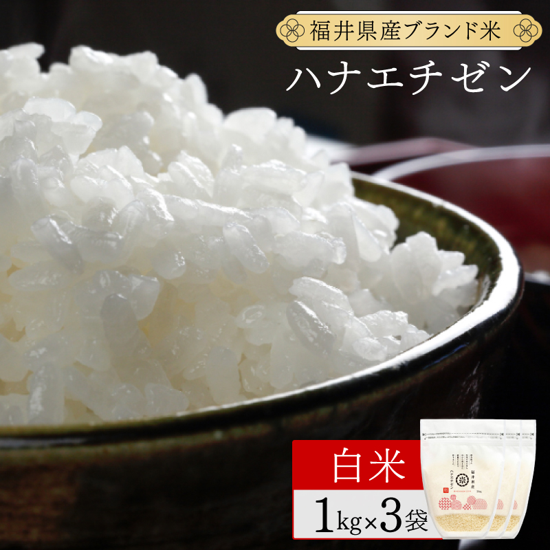 【定期便3回】福井県産 ハナエチゼン 精米 3kg（1kg×3）＜令和7年産 数量限定 ＞【米 コメ お米 精米 白米 無洗米 玄米 ご飯 飯 華越前 ブランド米 国産】[095-t3-a310_A]【敦賀市ふるさと納税】