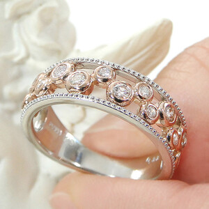 65-9-4 指輪 Pt900 K18PG コンビ リング ダイヤモンド 計0.33ct プラチナ ピンクゴールド バブル 透かし ミル打ち【f202-ptpg】